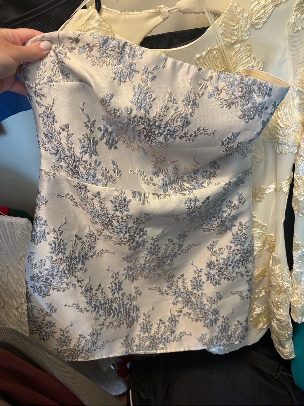Altar'd State Strapless Jacquard Mini Dress in White, Blue & Gold - Picture 2 of 4